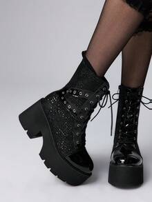 Sugerpunk Women's Glossy Thick Sole Punk Style Lace-Up Chunky Heel Ankle Boots For Christmas - Black - View 2