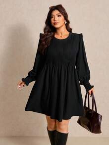 Elaquor 大码女式纯色圆领荷叶边下摆休闲连衣裙 - 黑色 - 查看 5