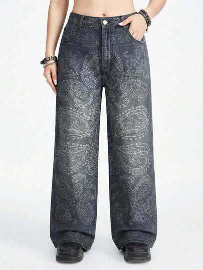 Goth سراويل جينز بوهيمية مطبوعة بنمط البيزلي مقاس كبير للنساء، سراويل جينز مقاس كبير فضفاضة وكاجوال، سراويل جينز مقاس كبير للنساء للارتداء اليومي