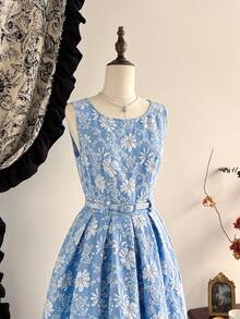 Vintamour 复古经典优雅女士连衣裙，修身提花连衣裙，船领无袖连衣裙，系带连衣裙，蓝色连衣裙，秋冬款 - 藍色 - 查看 4