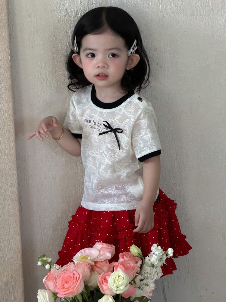 Baby Girls' Round Neck Textured Korean Style Bow Tie Strap Short Sleeve Top Summer Toddler Girls Clothes