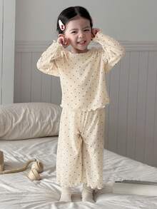 DAZY 2pcs Baby Girls Polka Dot Round Neck Casual T-Shirt And Pants Homewear Set Spring - Apricot - View 6