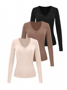 EMERY ROSE Women's Casual Solid Color Slim Fit Long Sleeve T-Shirt, Autumn - Multicolor - View 3