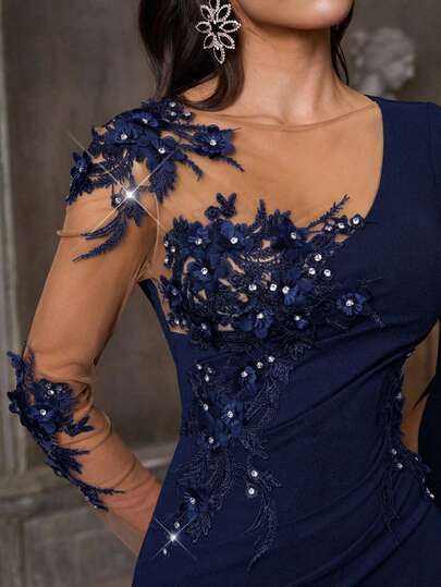 Aureia Elegant, Luxurious Embroidered Handmade Applique Stretch Knit Sheer Mesh Formal Dress, Suitable For All Formal Occasions, Dates, Singles Parties, Weddings, Red Carpet, Gala Events, Valentine's Day