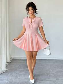 Elenzga Plus Size Dusty Pink Summer Elegant Wedding Guest Mini Dress,Sweet & Spicy Tie-Front Hollow-Out Waist Cinching Pink Bow Dress,Patchwork Skirt Hem - Pink - View 5
