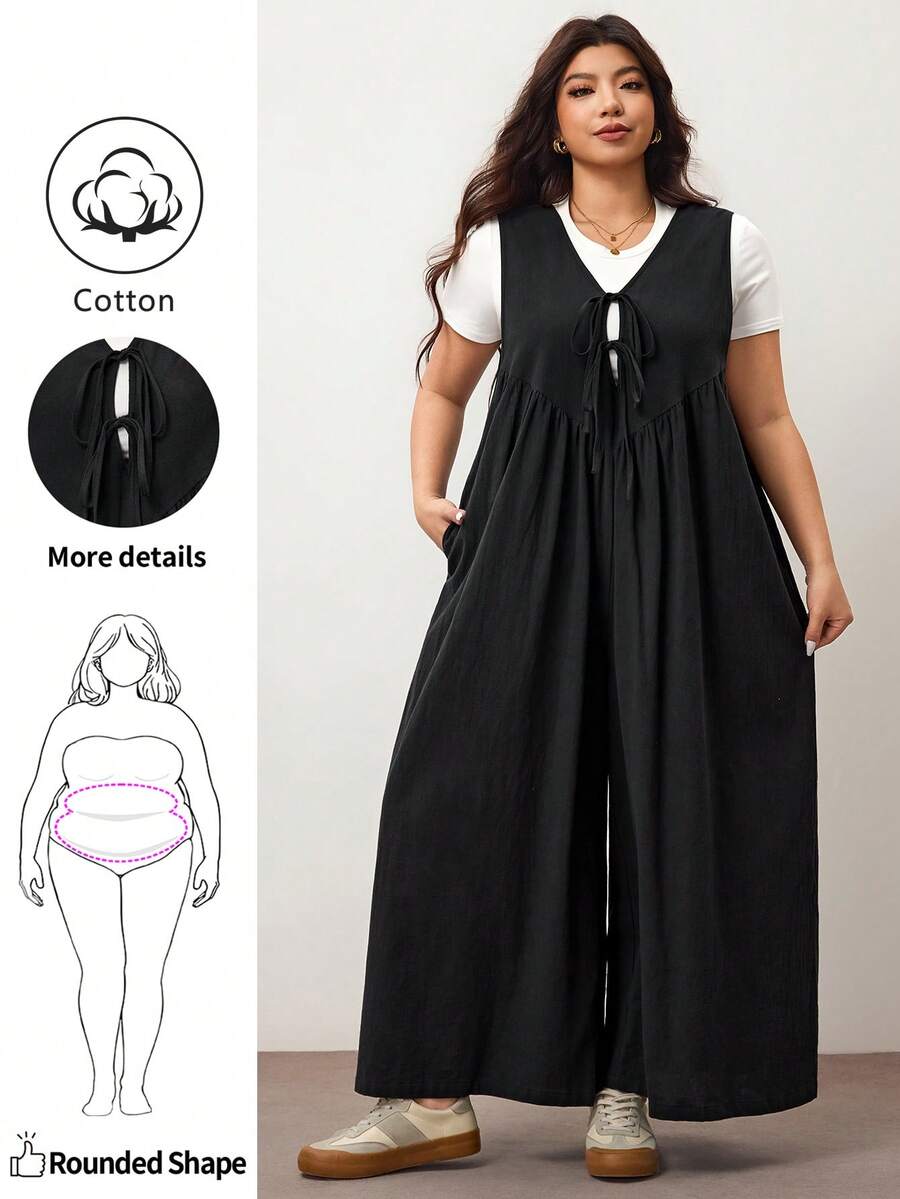 Enliva 大码女式阔腿连体裤，前系带带口袋，宽松版型，适合苹果型圆臀身材/2026/新年