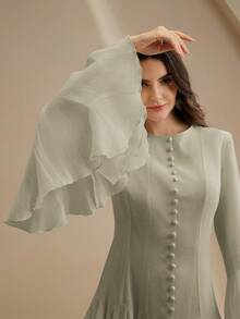 Anewsta 优雅乳白色长袖喇叭连衣裙，带纽扣喇叭袖 - 淡綠 - 查看 5