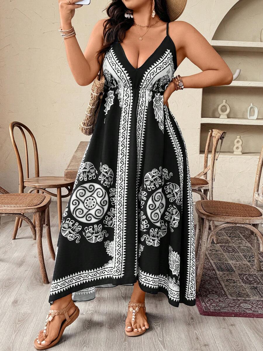 Weeklong Plus Size Women Elephant Print Asymmetric Strap Vacation Dress - Black - View 1