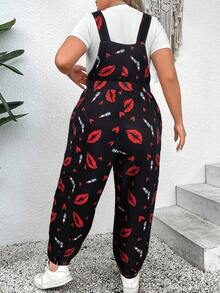 EMERY ROSE 加大码红色嘴唇印花背带连体裤 - 彩色 - 查看 2