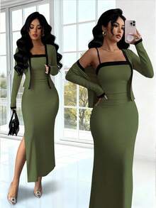 SHEIN Elenzya Bộ 2 chiếc áo khoác cardigan dài tay phối màu thanh lịch dành cho nữ và váy liền thân, thích hợp cho tiệc tùng, họp mặt gia đình, Giáng sinh, Halloween, ngày lễ tình nhân, năm mới, đi làm và mặc thường ngày, mùa thu/đông - xanh quân đội - Xem 3