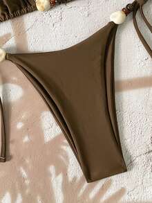 Swim Chiccia 女士纯色挂脖系带串珠性感比基尼套装，时尚休闲泳装，适合春、夏、秋、冬四季穿着 - 咖啡棕 - 查看 5