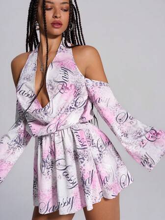 TypaGal Winter Summer Party  Y2K Edgy Chic Urban Bold Modern Rebel Sparkle Wild Sexy Stylish Pink Leopard Print Cowl Neck Loose Cuffs Long Sleeve Halter Neck Women Mini Dresses