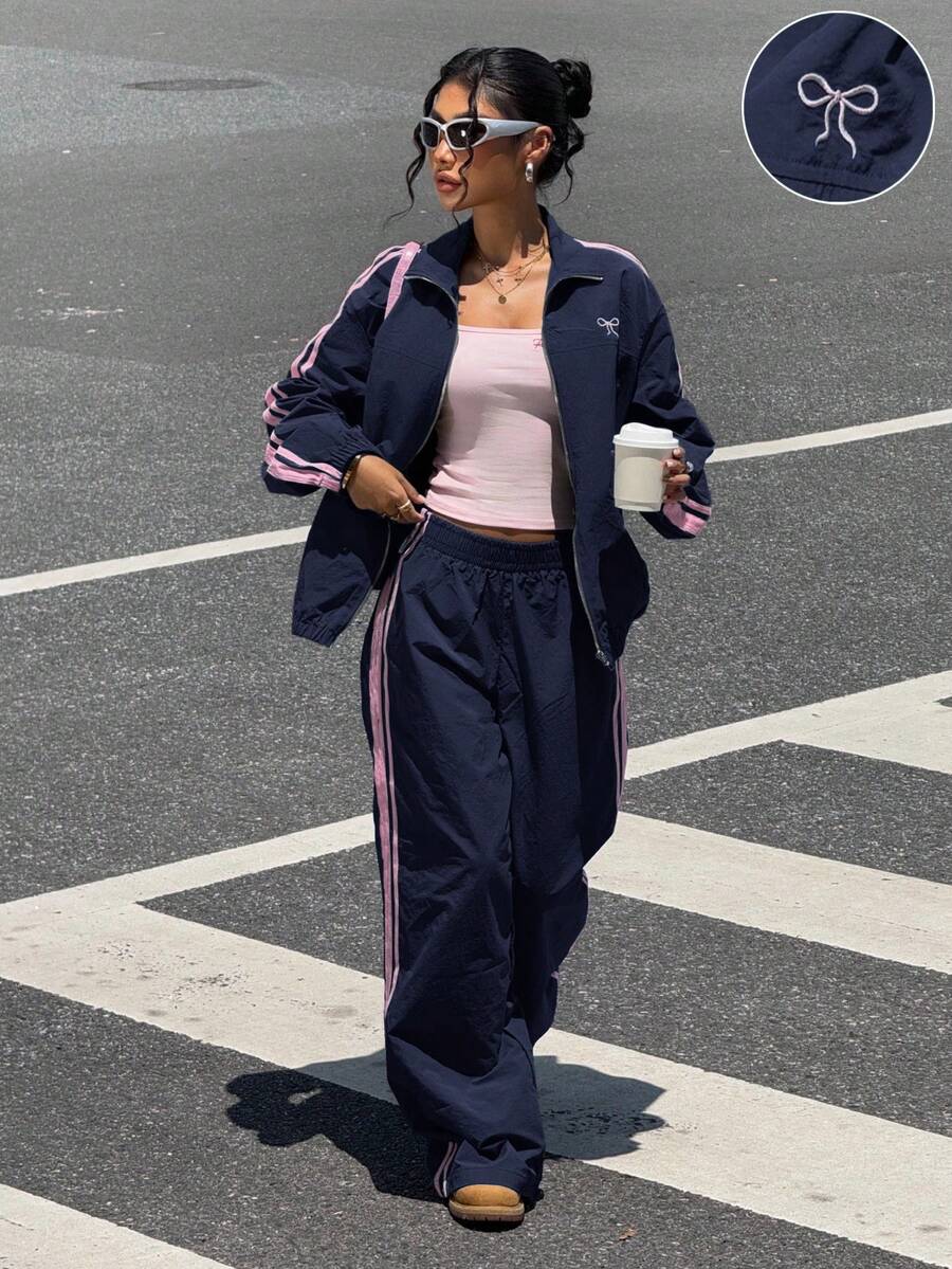 SHEIN EZwear 大码休闲撞色条纹外套和裤子两件套，秋季 - 藏蓝色 - 查看 1