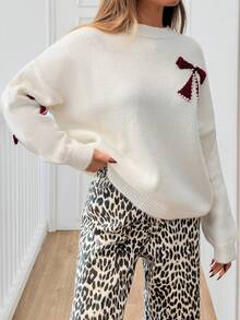 EURMUSE 女士圆领柔软触感红色缎带细节毛衣套头衫 - 奶油色 - 查看 4