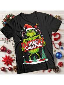 Playera con personaje navideño muy característico de la temporada y frase Merry Christmas, estampado, alta elasticidad, suelta, cuello redondo, manga corta, ideal para esta temporada, ideal para toda la familia - Negro - Ver 1