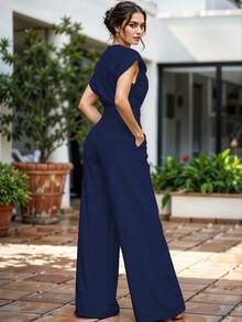 Mono Corte Recto Con Manga Capa Mono Cintura Elástica Overol Escote V - Azul Marino - Ver 2