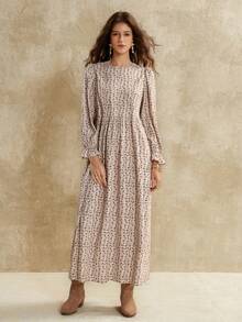 Florisole Váy maxi dáng rộng tay dài cổ tròn dáng chữ A in hoa phong cách Bohemian cho nữ, màu mơ, xuân/thu - Màu Khaki - Xem 3