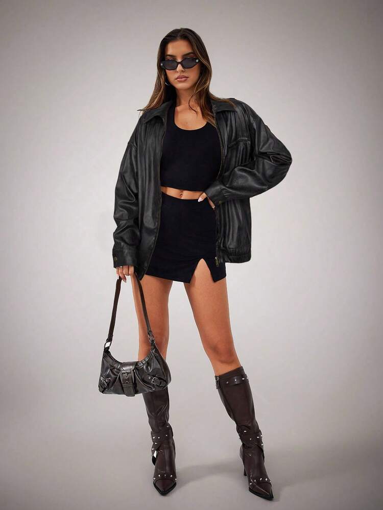 SHEIN BAE Veste ample à fermeture éclair avec épaules tombantes, style vintage pour femmes. Texture mouchetée  synthétique brun, aspect lavé et usé. Idéal pour l'automne, Noël, l'hiver et Halloween. - Noir - Voir 5