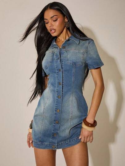 SHEIN BAE Women's Solid Color Casual Short Sleeve Denim Dress