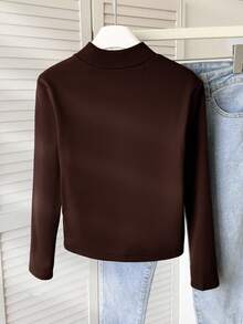 SHEIN Tween Girls' Brown Solid Thermal Turtleneck Long Sleeve T-Shirt,Casual School Winter Velvet Slim Tops For Halloween Christmas New Year Outings - Coffee Brown - View 2