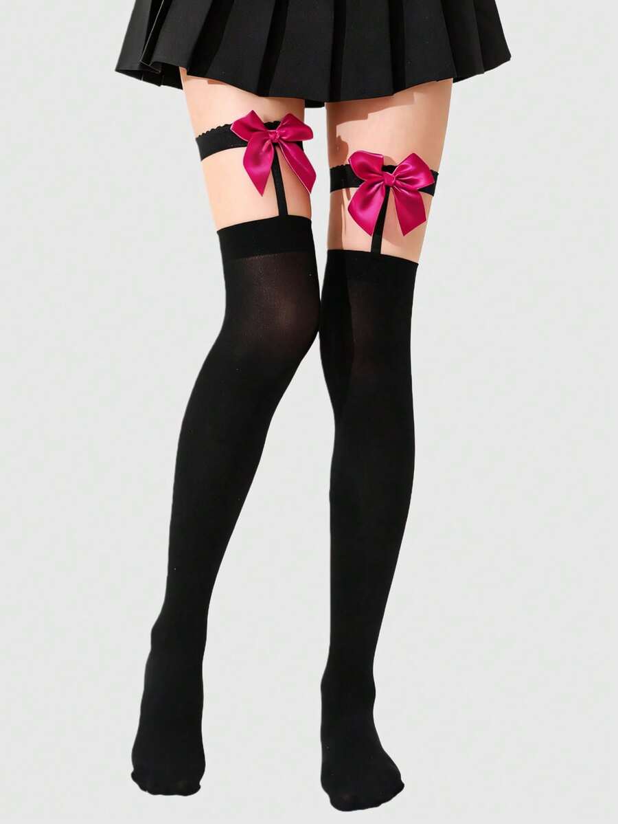 ROMWE Grunge Punk 1 Pair Punk Style Fuchsia Bow Garter Belt & Thigh High Socks - Black - View 1