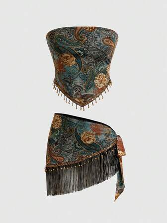 Hippie Lässiges Vintage Crop Top und Mini Rock 2 Stücke Set für Damen