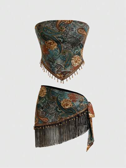 Hippie Set casual vintage da 2 pezzi per donna, composto da top corto e minigonna