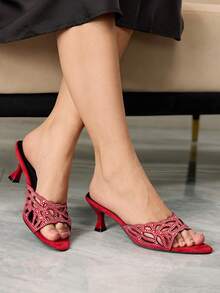 Sleekvia Women's Pointed Toe Rhinestone Hollow Design Elegant High Heel Sandals - Red - View 1