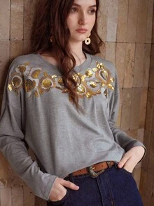 MOTF PREMIUM ÁO THUN THÊU HOA SEQUIN - Màu Xám nhạt - Xem 7