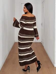 Maweii Women's Elegant White Autumn Off-Shoulder Striped Sweater Dress, Sequin Long Knit Plus Size Outfit, Luxury Brown/Coffee Long-Sleeve Dress - Multicolor - View 2