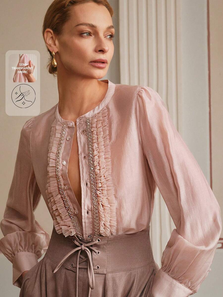 Anewsta Elaire Women's Sheer Chiffon Ruffle Collar Sexy Long Sleeve Blouse, "Old Money"