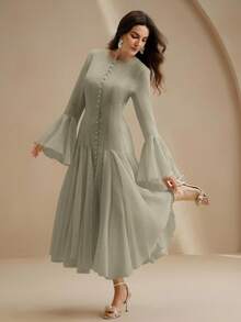 Anewsta 优雅乳白色长袖喇叭连衣裙，带纽扣喇叭袖 - 淡綠 - 查看 6