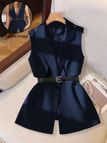 SHEIN PETITE Petite Women Minimalist Sleeveless Commuter Vest Blazer - Navy Blue - View 4