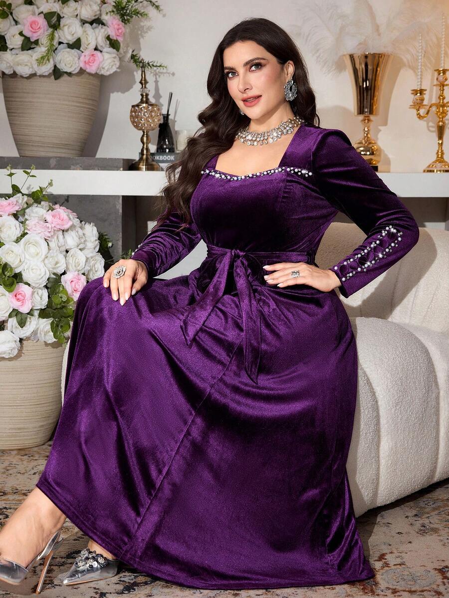 Modelyn Đầm chữ A cổ vuông tay dài đính ngọc trai nhung thanh lịch cỡ lớn, phù hợp mặc hàng ngày và tụ tập vào mùa xuân và mùa thu - Màu tím - Xem 1