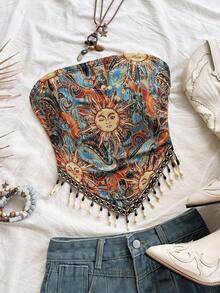 Soleia Women's Vacation Knit Print Patchwork Beaded Halter Top, Suitable For Party, Christmas, Date, Nightclub, Beach, Cruise, Afternoon Tea, Bohemian, Boho, Vacation, Fall Summer - Multicolor - View 1