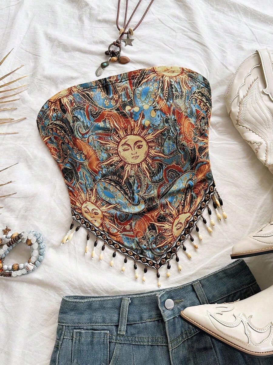 Soleia Women's Vacation Knit Print Patchwork Beaded Halter Top, Suitable For Party, Christmas, Date, Nightclub, Beach, Cruise, Afternoon Tea, Bohemian, Boho, Vacation, Fall Summer - Multicolor - View 1