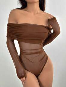 SHEIN EZwear 女士时尚咖啡棕色荷叶边露肩长袖网纱连体衣