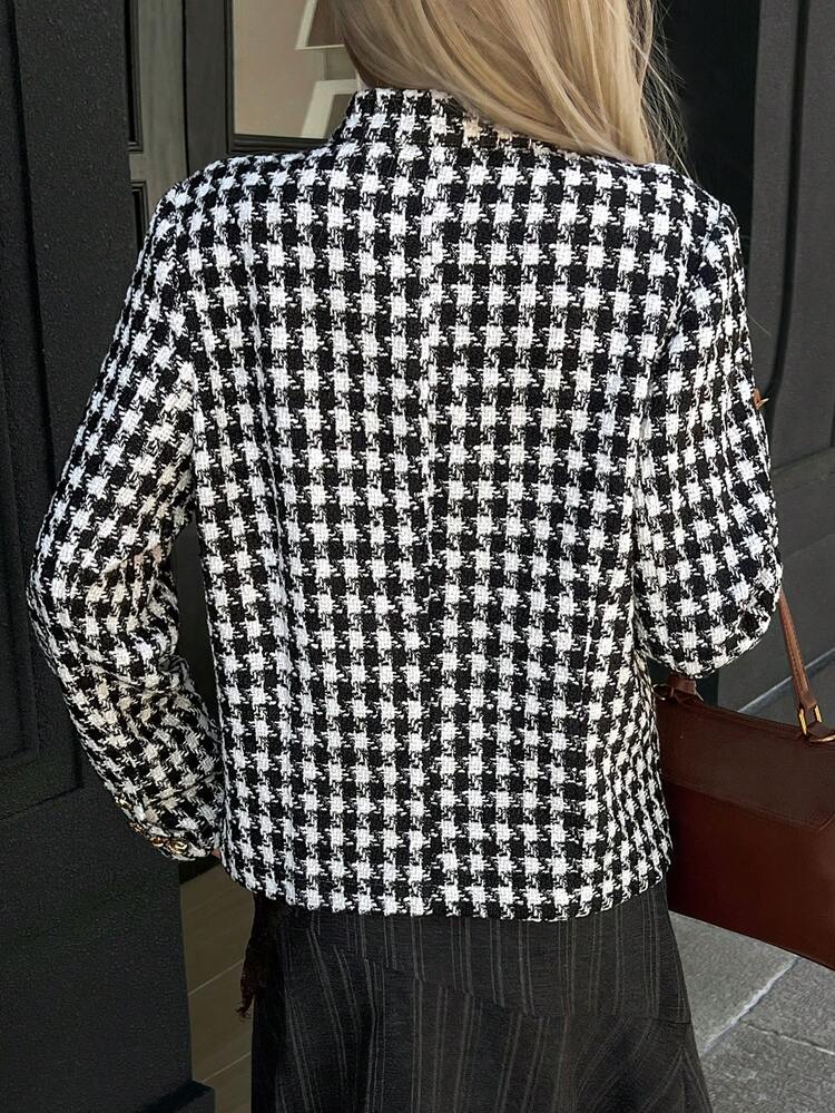 Women's Regular Plaid High Collar Metal Button Jacket Women Coats