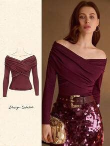 MOTF PREMIUM WOMEN'S ELEGANT OFF-SHOULDER T-SHIRT - Burgundy - View 7