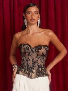 Glamine 女士蕾丝拼布抹胸上衣 - 黑色 - 查看 4