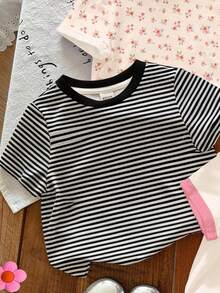 SHEIN LMoss Kids 3pcs Young Girl Casual Round Neck Short Sleeve T-Shirts,Featuring Bohemian Floral,Stripes,3D Bow Designs,White,Summer,School,Back-To-School,Versatile - Multicolor - View 5