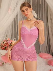 DelicateAllure Camisón mini de contraste de encaje y malla para mujeres - Rosa - Ver 4