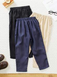 3pcs/Set Young BoySchool Casual Pants, Khaki + Black + Denim Blue, Simple Style With Black Buttons, Classic & Durable, Easy To Wear And Match - Multicolor - View 2