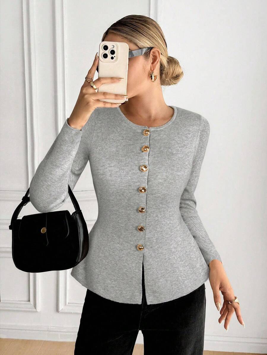 SHEIN Frenchy Women's Solid Color Crew Neck Cardigan, Long Sleeve, Autumn/Winter Casual - Grey - View 1