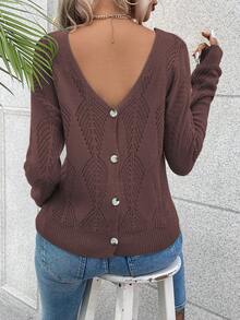 SHEIN LUNE Women's Casual Solid Color V-Neck Hollow Out Knitted Oversized Sweater, Autumn/Winter - Chocolate Brown - View 2