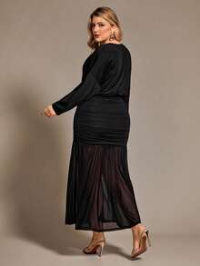 Auralis 大码女装秋冬时尚优雅舒适黑色露背长袖薄纱连衣裙，曲线连衣裙，秋季服装，派对装扮 - 黑色 - 查看 2