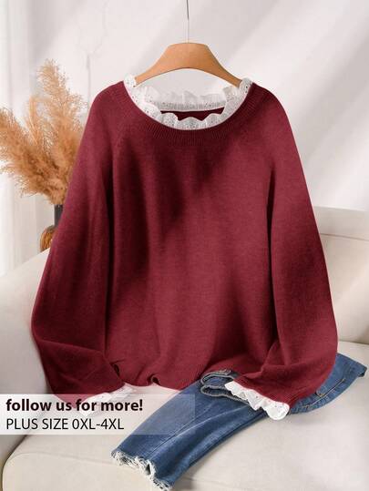 CosyJoli Plus Size Casual Lace Patchwork Round Neck Pink Mesh Pullover Sweater/Winter