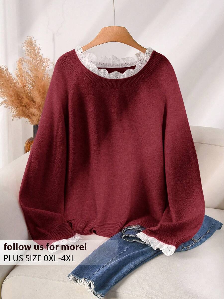 CosyJoli Plus Size Casual Lace Patchwork Round Neck Pink Mesh Pullover Sweater/Winter - Burgundy - View 1