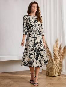 Miaspire This Elegant Women's Spring/Summer Dress Features A Classic Black And White Base With A Large Floral Print That Adds A Touch Of Sophistication. The Simple Floral Pattern Is Fresh And Lively, Exuding A Touch Of Understated Luxury. The Design Includes Mid-Length Sleeves, A Fitted Waist, And A Full Skirt, With A Belt To Accentuate The Figure. The Tailored Cut Is Suitable For Various Occasions. Perfect For Spring And Autumn, It's Suitable For Casual Gatherings And Commuting. The Black And White Color Scheme Conveys A Sense Of Composure, While The Floral Details Showcase Elegant And Fashionable Taste. It's A Beautiful And Practical Choice For Any Wardrobe. - Multicolor - View 8