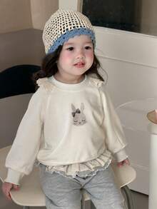 DAZY 女婴休闲兔子印花荷叶边卫衣，秋季